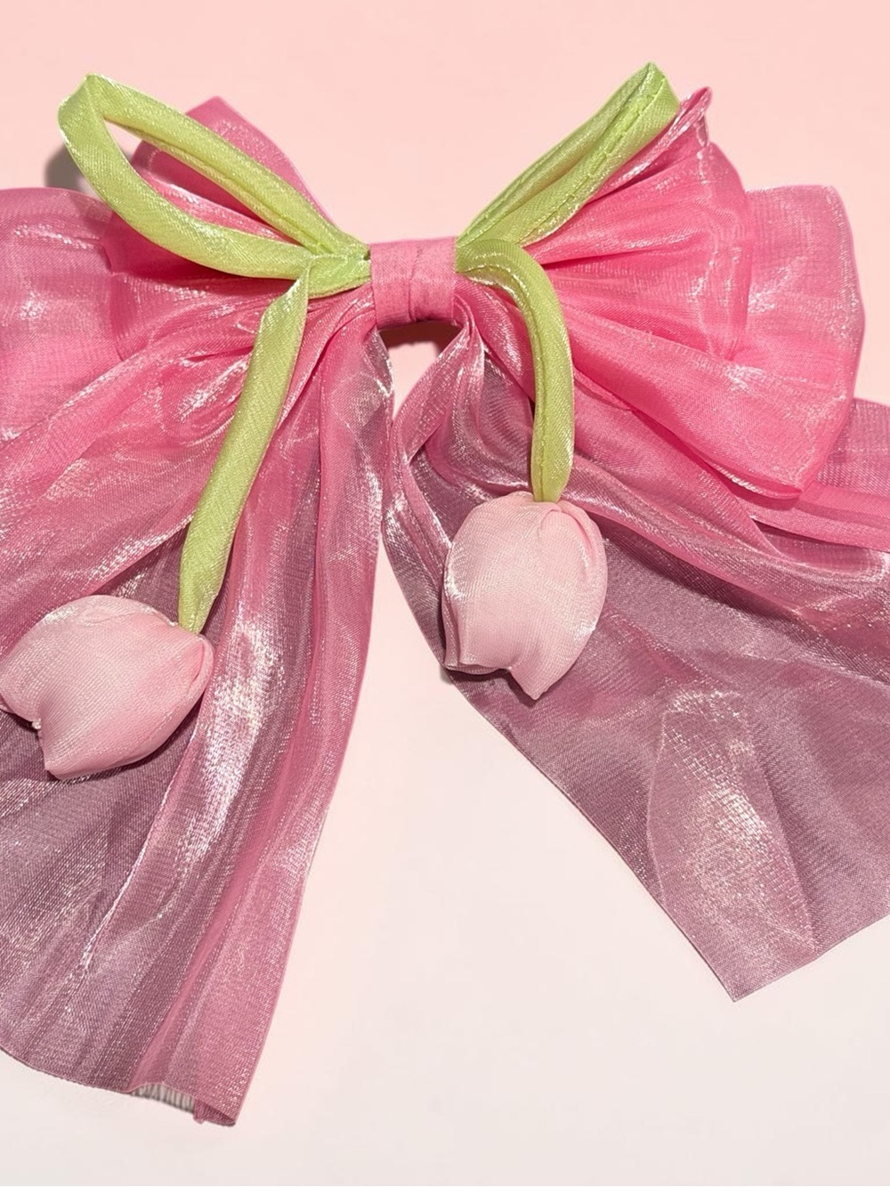 Sheer Pink Tulip Bow Hair Accessory with Lime Ties